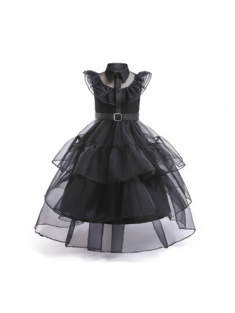 Children's Black Tulle Cosplay Halloween Party Dress with Collar