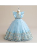 Children Girls Formal Long Party Dress with Lace Flowers 4 Colors