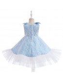 Blue And White Lace Girls Party Dress with Bow Knot