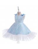 Blue And White Lace Girls Party Dress with Bow Knot