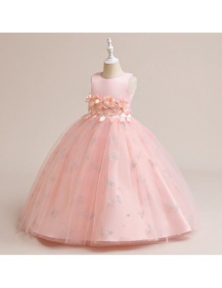 Formal Long Tulle Ballgown Girls Party Dress with Butterflies