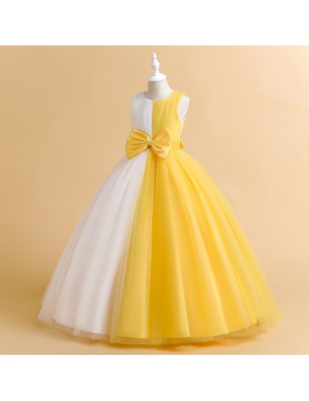 Color Block Long Tulle Ballgown Party Dress with Bow Knot
