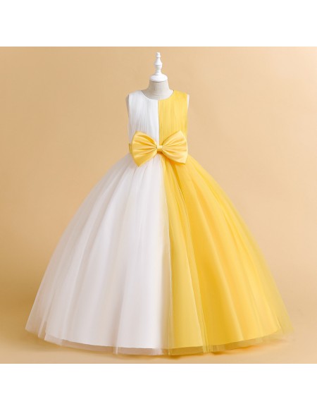 Color Block Long Tulle Ballgown Party Dress with Bow Knot