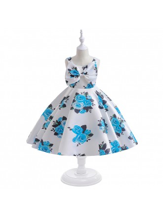 Floral Prints Satin Toddler Girls Party Dress with Big Bow In Front