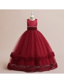 Formal Burgundy Long Tulle Party Dress Sleeveless For Girls