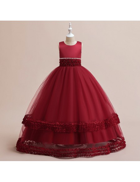 Formal Burgundy Long Tulle Party Dress Sleeveless For Girls