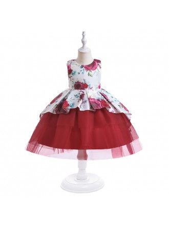 Floral Prints Ballgown Tulle Girls Party Dress For Children