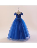 Blue Sequined And Tulle Girls Long Party Dress 5 Colors
