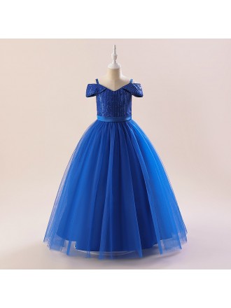 Blue Sequined And Tulle Girls Long Party Dress 5 Colors