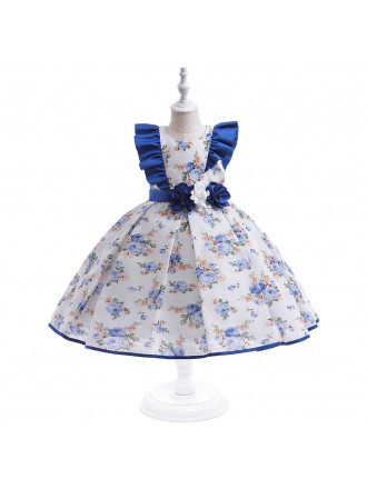 Blue Floral Prints Party Dress For Children
