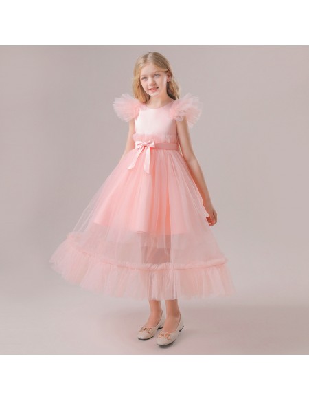 Children Girls Pink Tulle Party Dress with Sash