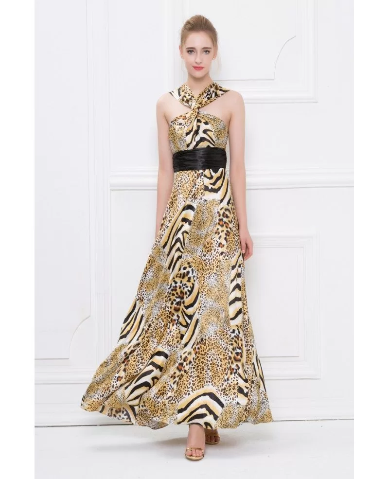 Chic Leopard Print Y Neck Chiffon Long Wedding Guest Dress Ck414