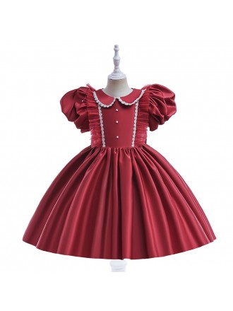 Burgundy Satin Girls Party Dress with Bubble Sleeves