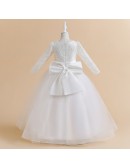 Elegant White Lace And Tulle Long Flower Girl Dress with Long Sleeves