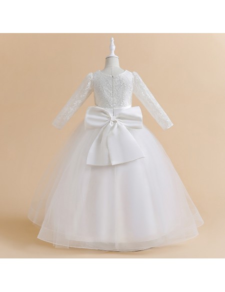 Elegant White Lace And Tulle Long Flower Girl Dress with Long Sleeves