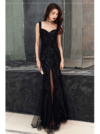 Mermaid Long Sequined And Tulle Evening Dress with Straps
