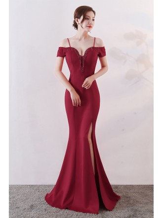 Sexy Split Front Off Shoulder Prom Dress with Spaghetti Straps