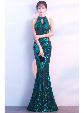 Long Halter Fitted Mermaid Formal Dress with Cutout