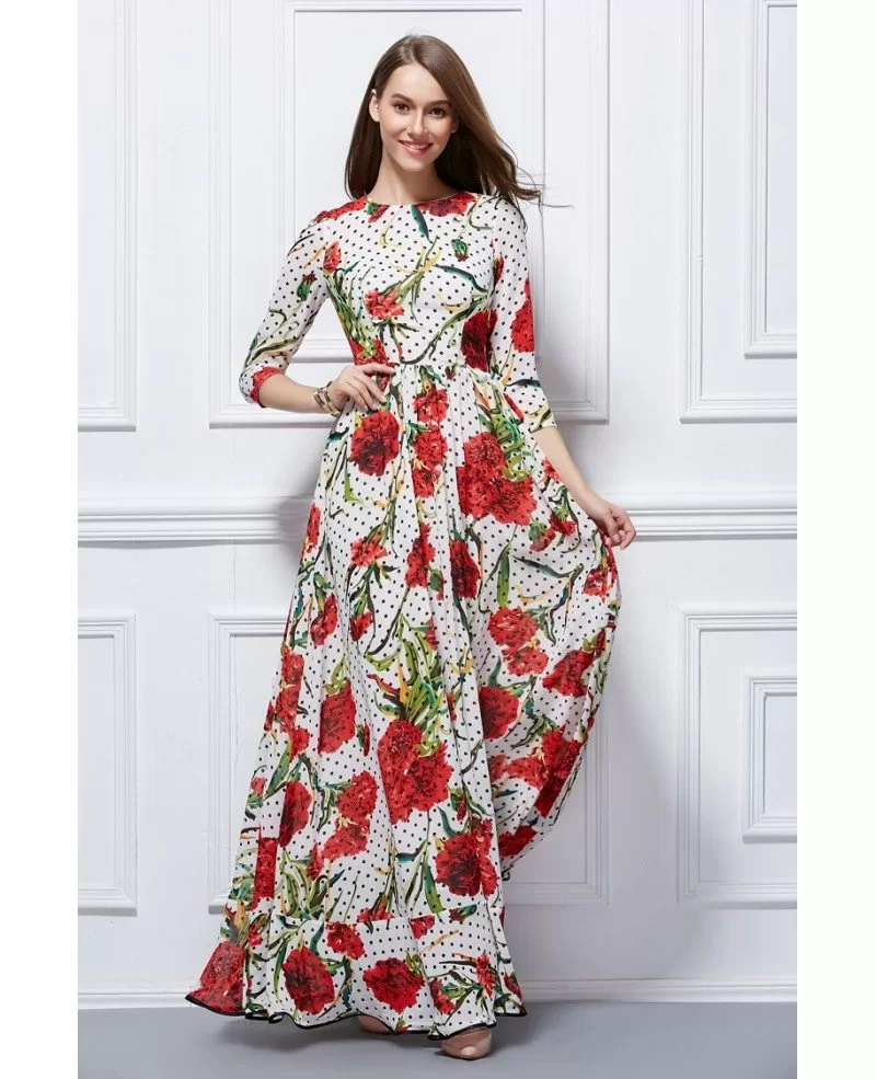 Beautiful A-Line Floral Print Chiffon Long Dress With Sleeves #CK426 $78.2 - GemGrace.com Beautiful A-Line Floral Print Chiffon Long Dress With Sleeves #CK426 $78.2 - GemGrace.com