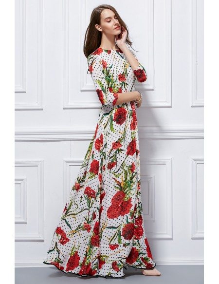 Beautiful A-Line Floral Print Chiffon Long Dress With Sleeves #CK426 ...
