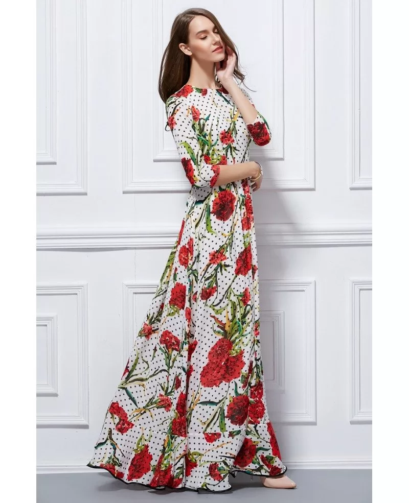 Beautiful A-Line Floral Print Chiffon Long Dress With Sleeves #CK426 ...