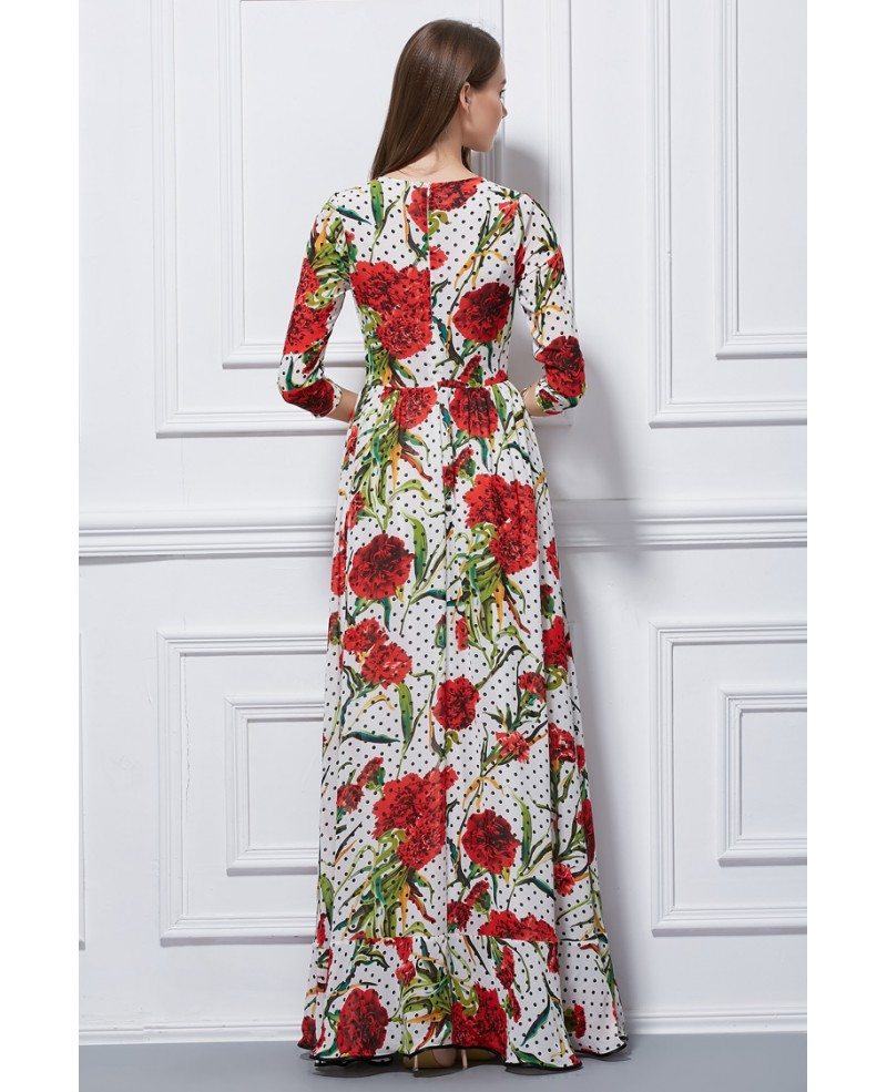 Beautiful A-Line Floral Print Chiffon Long Dress With Sleeves #CK426 ...