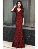 Mermaid Sequined Embroidered Evening Prom Dress with Sleeves