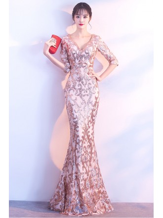 Exotic Pattern Sequined Mermaid Formal Dress with Half Sleeves
