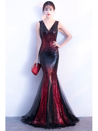 Vneck Mermaid Ombre Sequined Prom Dress with Split