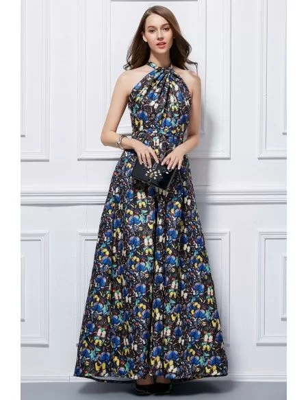 Fashionale A-Line Halter Floral Print Long Wedding Guest Dress #CK430