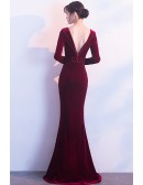 Elegant Long Sleeved Velvet Formal Dress Vneck