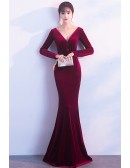 Elegant Long Sleeved Velvet Formal Dress Vneck