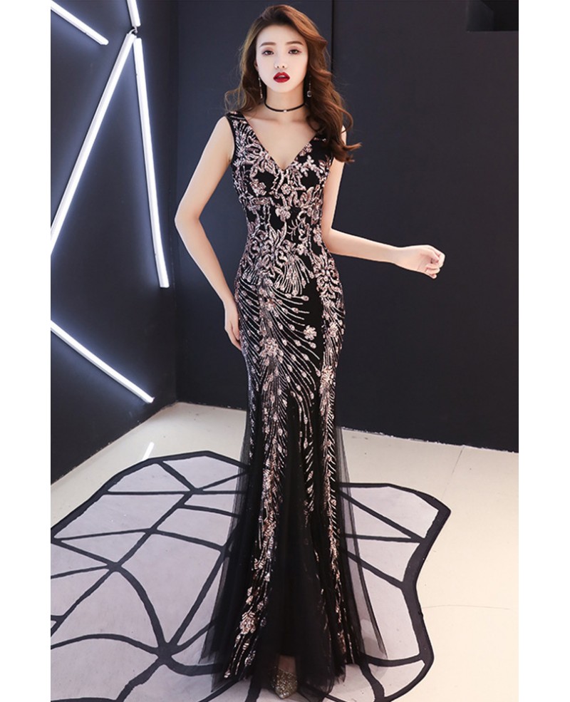 Vneck Fitted Mermaid Flower Sequined Formal Dress #LNC09 - GemGrace.com