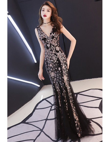 Vneck Fitted Mermaid Flower Sequined Formal Dress #LNC09 - GemGrace.com