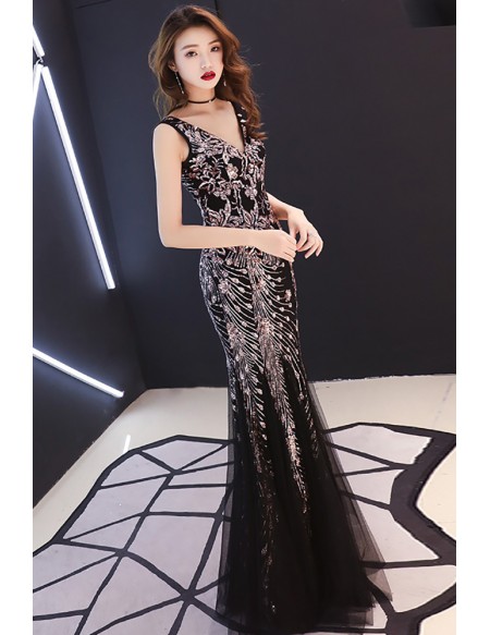 Vneck Fitted Mermaid Flower Sequined Formal Dress #LNC09 - GemGrace.com