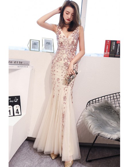 Vneck Fitted Mermaid Flower Sequined Formal Dress
