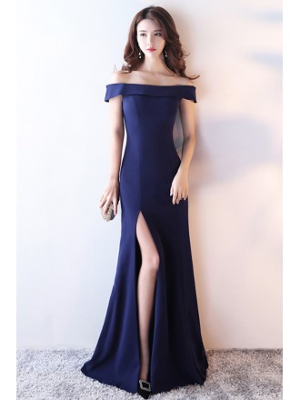 Simple Off Shoulder Fitted Prom Dress with Split Front