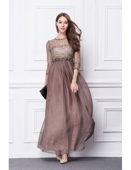 Elegant A-Line Chiffon Lace Long Formal Dress With Sleeves