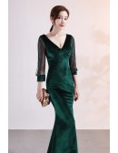 Formal Velvet Vneck Evening Dress with Illusion 3/4 Sleeves