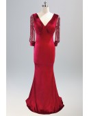 Formal Velvet Vneck Evening Dress with Illusion 3/4 Sleeves