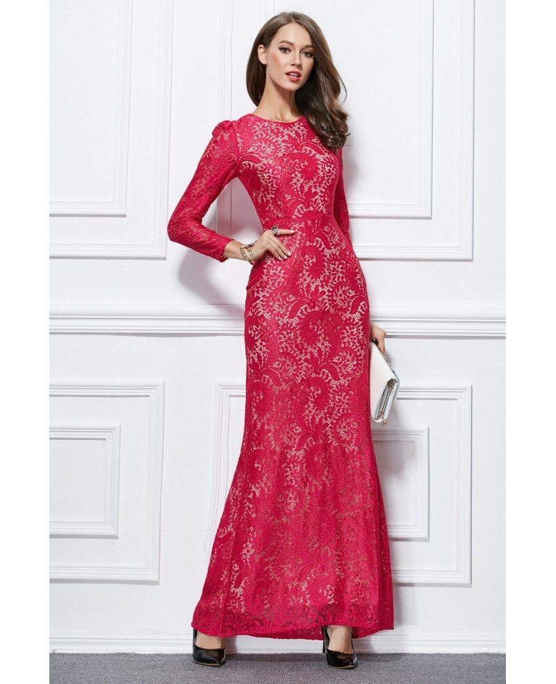 Elegant Sheath Lace Long Evening Dress With Long Sleeves #CK436 $76.5 ...