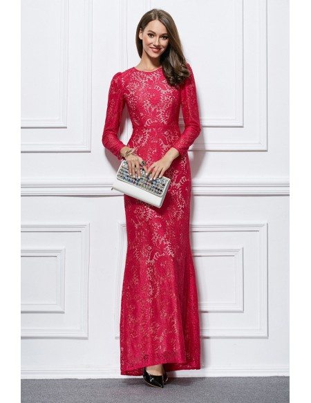 Elegant Sheath Lace Long Evening Dress With Long Sleeves #CK436 $76.5 ...