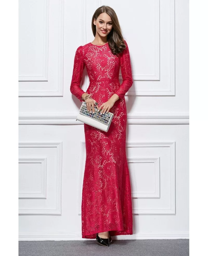 Elegant Sheath Lace Long Evening Dress With Long Sleeves #CK436 $76.5 ...