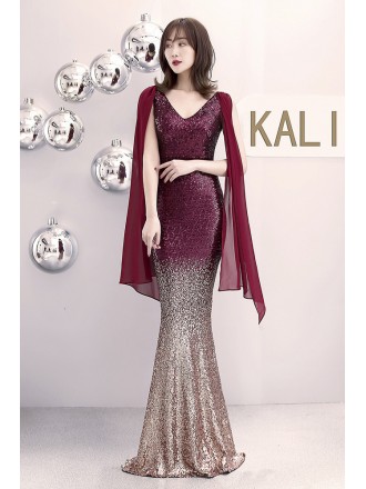 Ombre Mermaid Vneck Formal Dress with Cape Sleeves