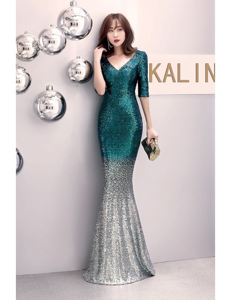 Mermaid Fitted Sequined Evening Dress with Half Sleeves