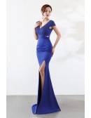 Simple Off Shoulder Mermaid Prom Dress with Split Front