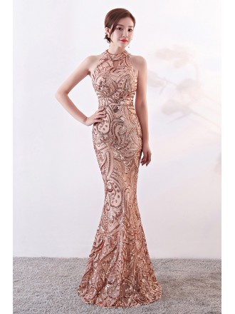 Exotic Sequined Pattern Mermaid Long Halter Prom Dress