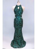 Exotic Sequined Pattern Mermaid Long Halter Prom Dress