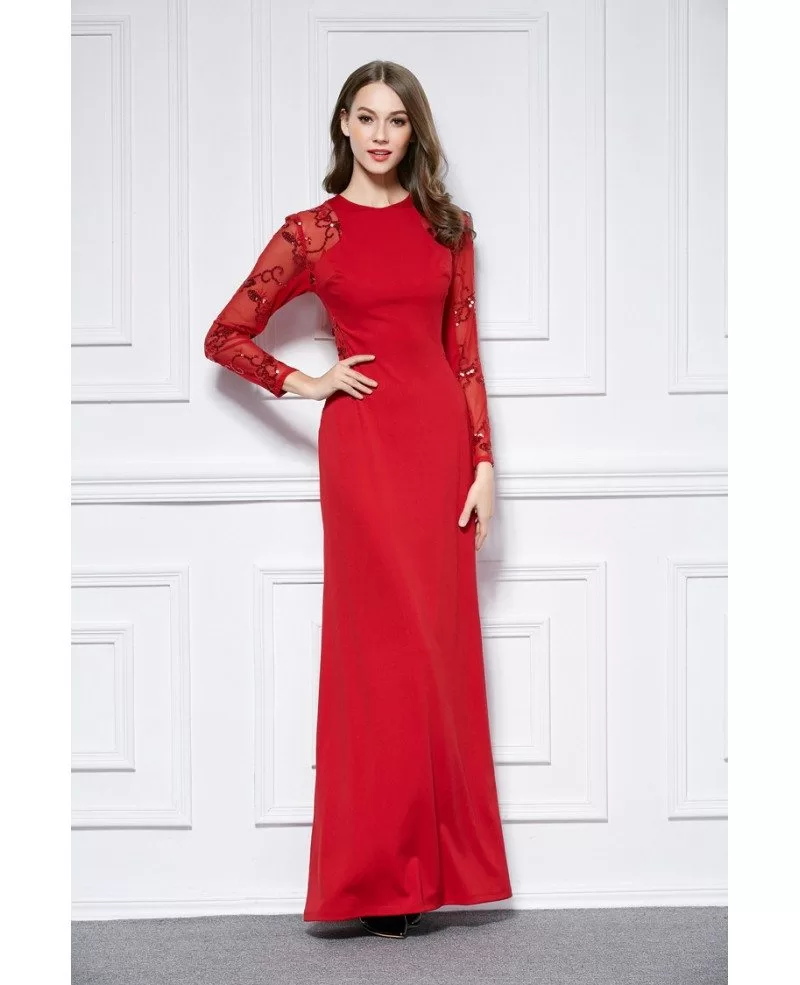 Elegant Sheath Embroided Polyster Long Evening Dress With Long Sleeves ...