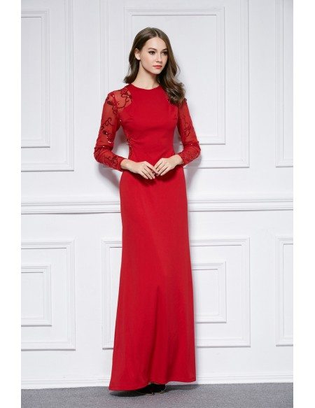 Elegant Sheath Embroided Polyster Long Evening Dress With Long Sleeves ...
